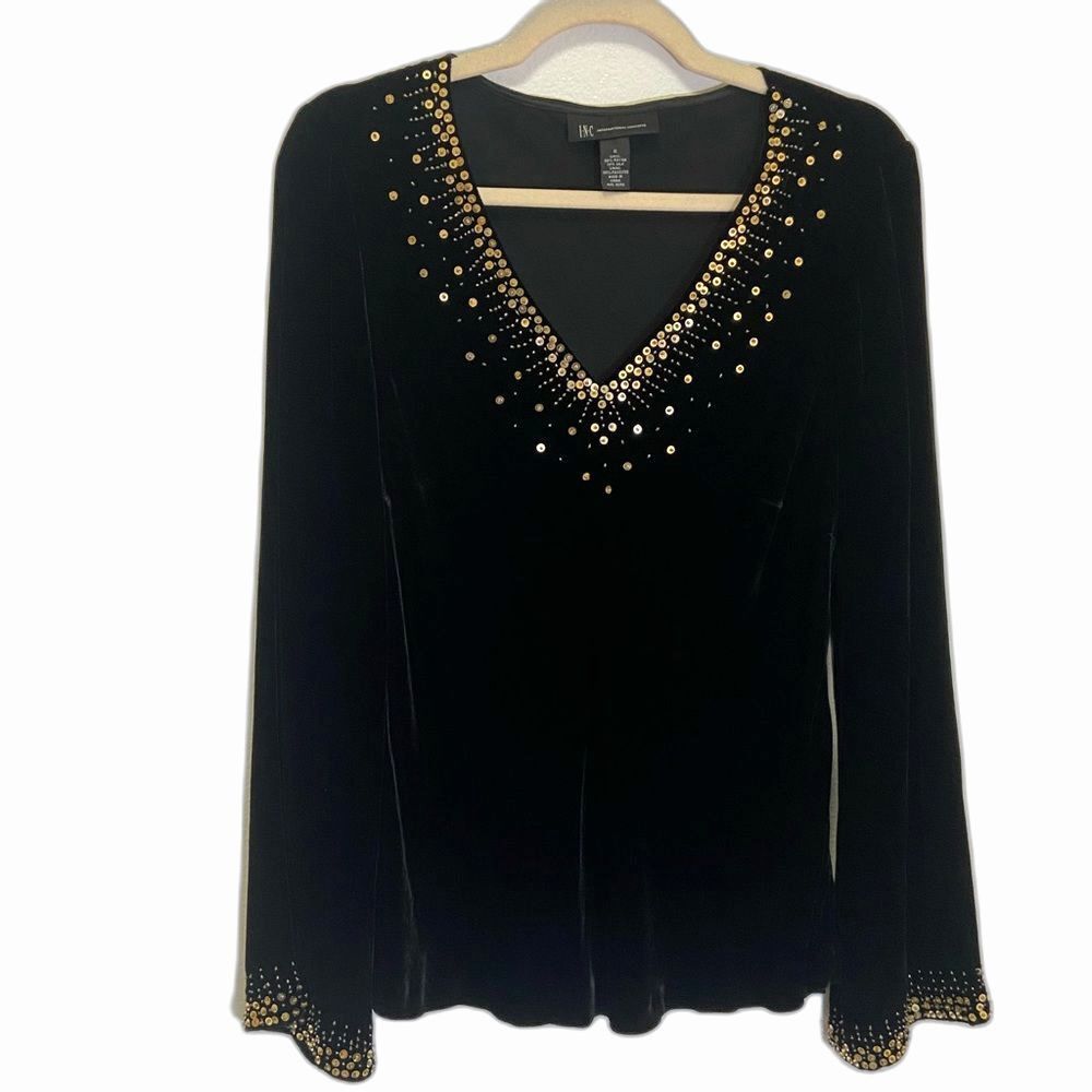 INC- Retro Silk Blend Velvet V-Neck Blouse with Sequin Embellishment - size 6